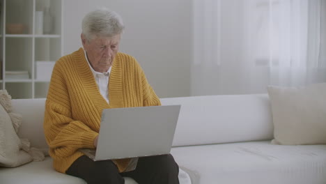 Ältere-Reife-ältere-Frau,-Die-Eine-Nachricht-Auf-Der-Tastatur-Eingibt,-Online-Webinar-über-Laptop-Computer,-Fernarbeit-Oder-Soziales-Fernlernen-Von-Zu-Hause-Aus.-Geschäftsfrau-Der-60er-80er-Jahre